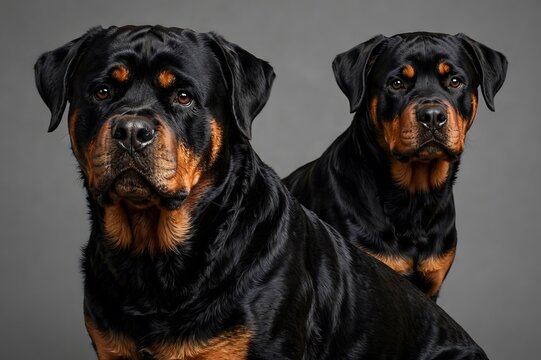 Two powerful Rottweiler dogs standing, heads turned to camera, guard dogs
