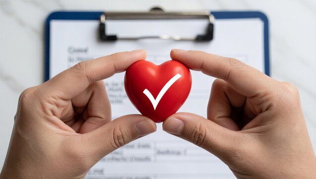 Close-up of hands holding a red heart with a white checkmark over a medical clipboard. Ideal for health insurance, cardiac care, and medical checkup concepts