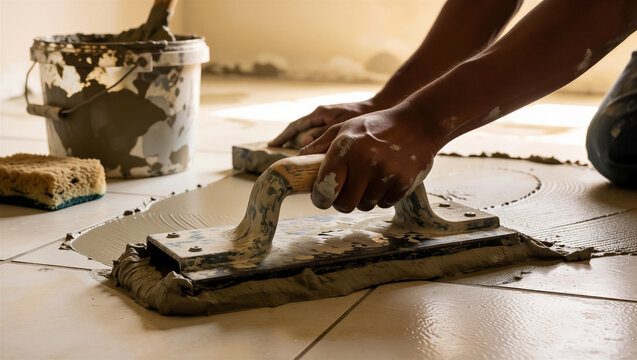 A construction worker expertly applies adhesive for tile installation. This detailed image shows the floor renovation process and home improvement