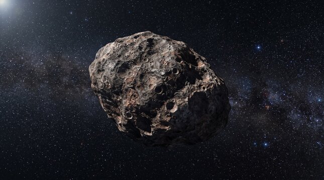 Asteroid floating in deep space. Detailed rocky surface with impact craters. Starry night sky background with distant galaxies and nebula. High-resolution cosmic image for science projects