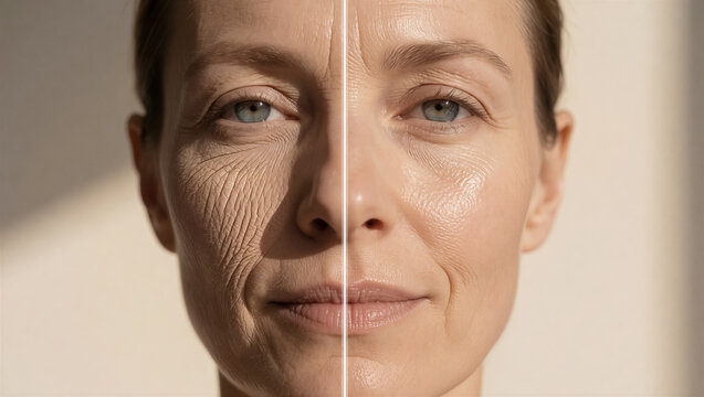 A split-screen comparison of a mature woman's face showing anti-aging skincare results. The left side shows aged skin, and the right side is smooth