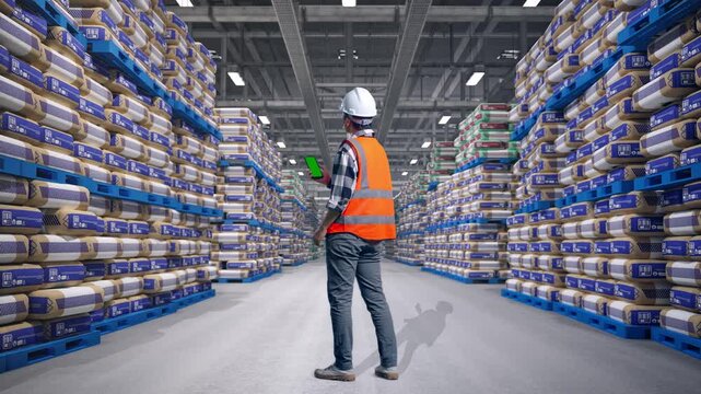Full Body Back View Of Asian Male Engineer With Safety Helmet Working On A Green Screen Smartphone And Looking Around While Standing at Warehouse Stacked Cement Bags Pallets
