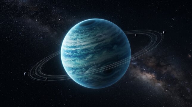 Blue gas giant planet in outer space. Swirling atmospheric bands and icy ring system. Distant moons orbiting in the vast cosmos. Detailed astronomical photography style. Deep space background