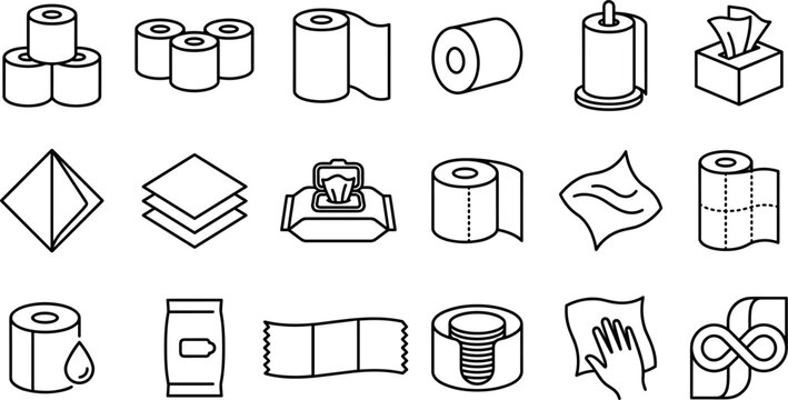Minimalist black and white toilet paper icons set for bathroom tissue paper towel napkin hygiene product kitchen roll and sanitation