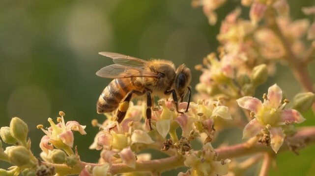 Macro close up honeybee pollinating mango flower blossoms, collecting nectar and pollen in golden morning sunlight, slow motion detail