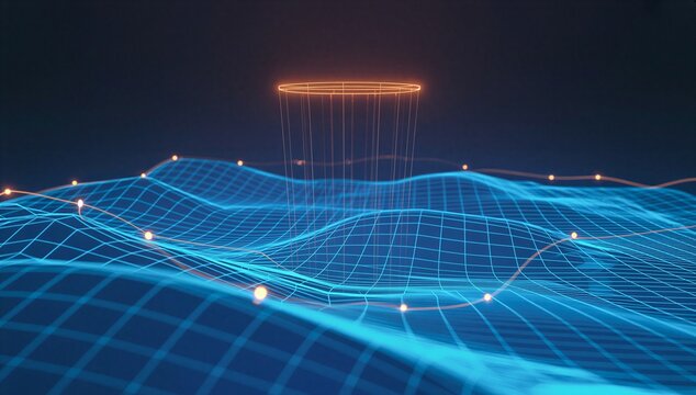 Futuristic aerial mapping of a digital terrain grid with glowing control point and survey line, showing geospatial analysis, precision measurement, and land planning.