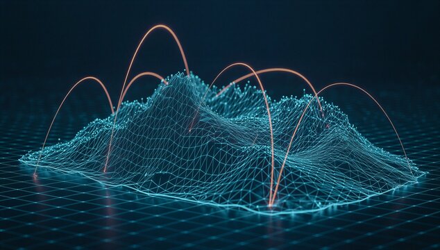 Futuristic 3d geospatial data terrain with glowing network arcs, showing spatial analysis, digital mapping, and location intelligence over a digital landscape.