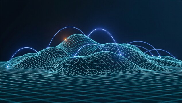 Abstract neon wave mesh over digital grid, symbolizing geospatial data, map visualization, terrain analysis, and location intelligence.