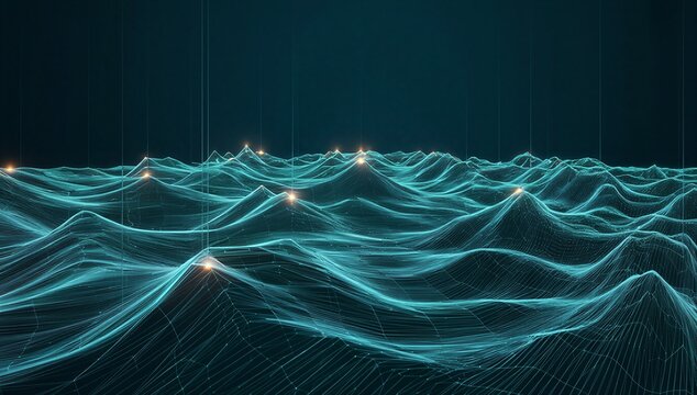 Abstract glowing terrain mesh with data nodes, suggesting geographic information, spatial analysis, mapping and digital land surface visualization.