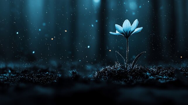 Single glowing blue flower in dark forest at night.