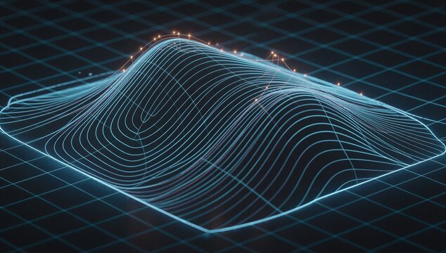 Digital wireframe terrain on a grid shows geospatial data, elevation, and spatial analysis for mapping, location intelligence, and land modeling.