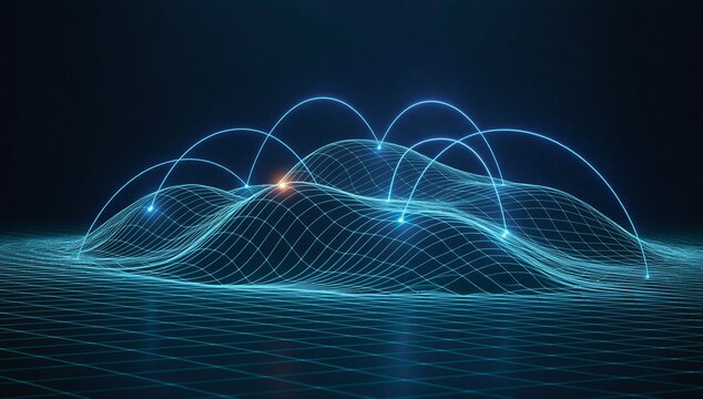 Glowing blue digital mesh and arc overlay form an abstract geospatial data landscape, suggesting spatial analysis, mapping, and location intelligence.