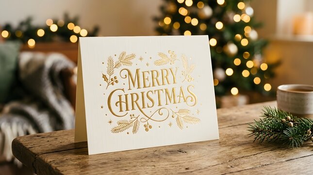 Elegant christmas greeting card with gold foil merry christmas typography, pine branches, and a blurred christmas tree background on a wooden table