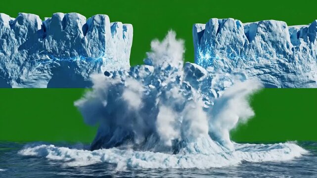 Massive iceberg calving and explosion with green screen background, for vfx compositing, glacier