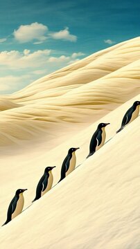 Penguins walking uphill in a sandy desert.