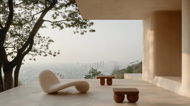 Modern chair and tables on a patio overlooking a city.