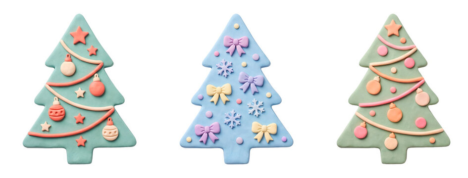 Set of cute plasticine Christmas trees with colorful ornaments, handmade clay style holiday decoration isolated on transparent background