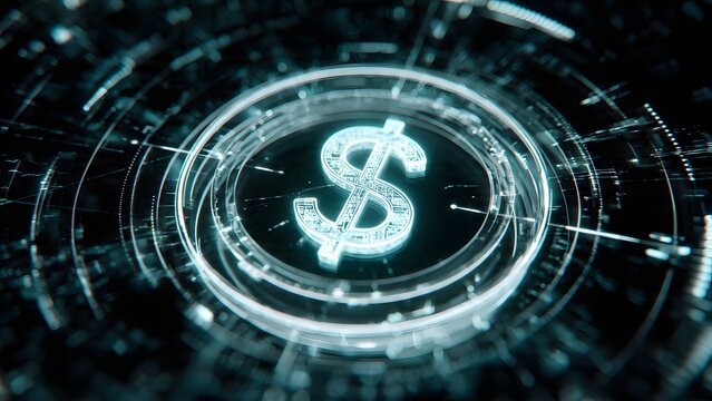 Abstract dollar sign embedded in glowing technological rings and circuit lines on dark reflective surface representing core digital banking infrastructure and secure monetary data processing.