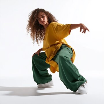 Female hip-hop dancer in yellow and green streetwear performing a dynamic pose against a white studio background.