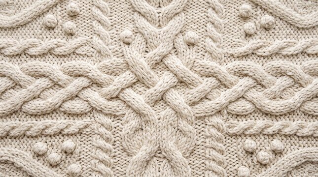 Knitted fabric texture macro close up wool winter textile background sweater cloth yarn pattern cables stitch cozy warmth soft fiber material clothing garment cream beige white neutral surface detail