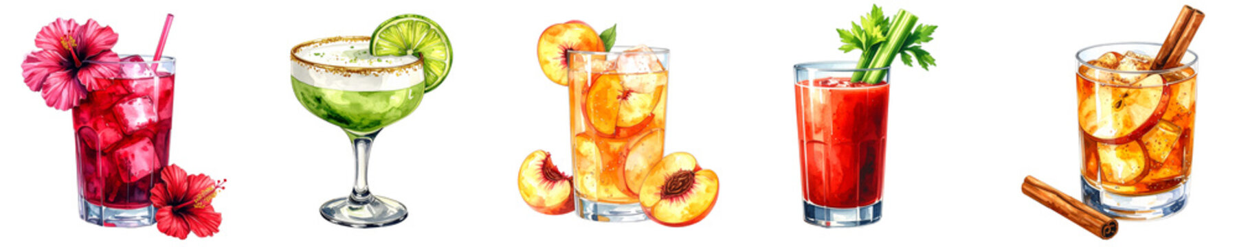 Watercolor mocktails with hibiscus, peach, celery and apple cinnamon