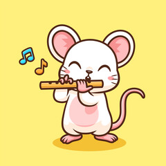 Cute cartoon mouse playing a wooden flute on yellow background © Sumon 
