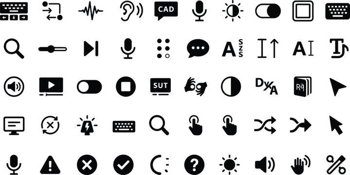 Collection of flat black communication and technology icons on a white background