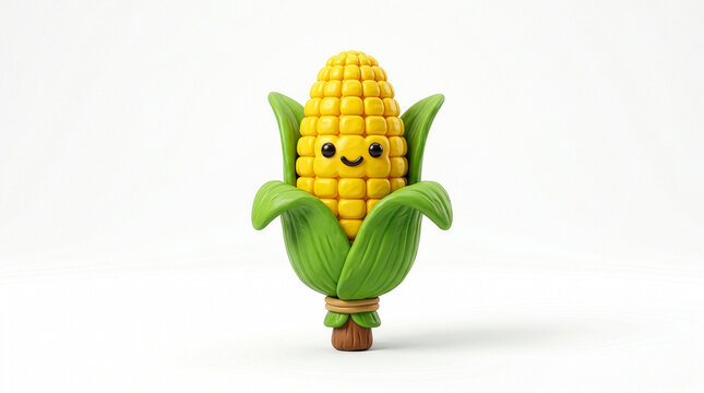 Cute Cartoon Corn Character with Smiling Face and Green Husk, 3D Illustration