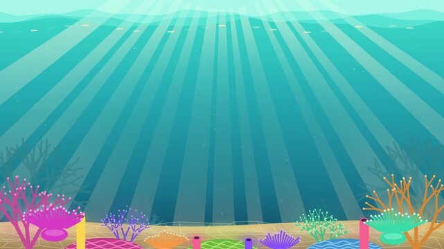 Golden sunrays in turquoise waves on vibrant sea floor seamless loop
