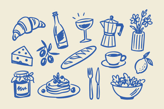 Brunch Food and Drinks Hand Drawn Illustration Set