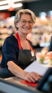 Senior female cashier smiling at a supermarket checkout counter, elderly retail employee operating the cash register, active aging in the workplace concept, with copy space