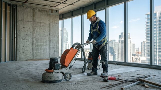 Construction worker using a floor grinder in a city building
