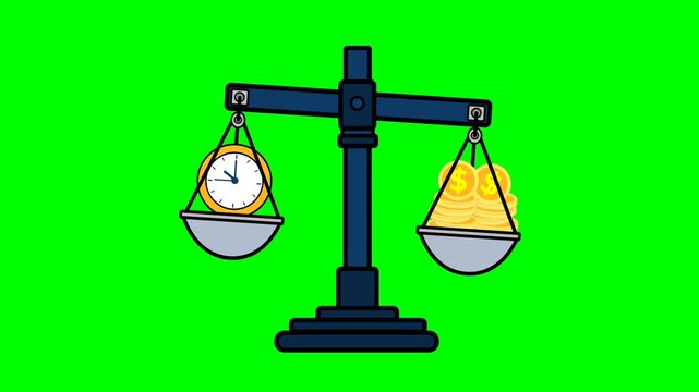 Balancing Time and Money on Weighing Scale Animation Green Screen
