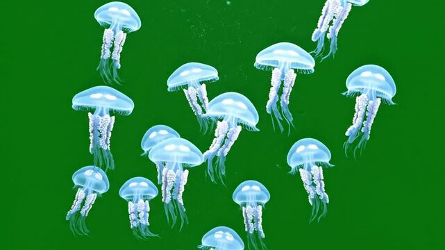 Glowing jellyfish swarm swimming on green screen, underwater marine life background, for compositing medusa