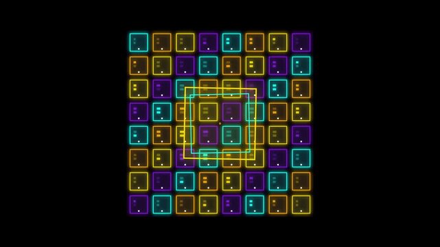 Retro neon floppy disk grid animation, vintage 80s computer technology icons, colorful glowing diskette pattern on black background