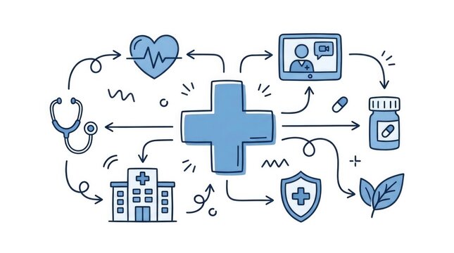 Large medical cross as the central element surrounded by hand-drawn healthcare symbols connected with flowing doodle lines, subtle curved connectors, small stars, dots and playful graphic accents, si