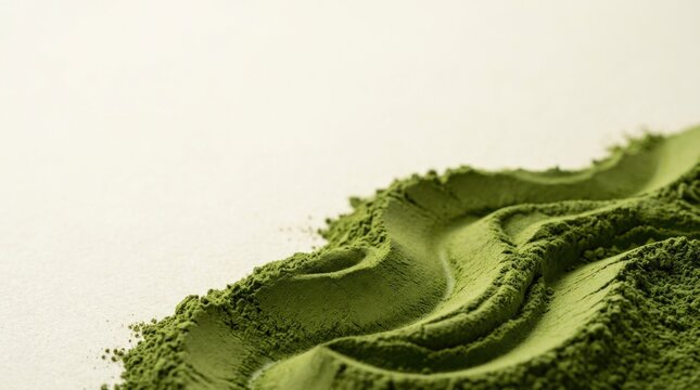 Matcha powder landscape, pressed powder background for organic branding, tea packaging, wellness marketing and product presentation, close-up, composition weighted to the lower right with large negat