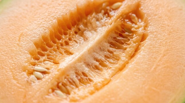Melon flesh texture, fruit background for fresh food branding, healthy packaging, summer presentation and editorial campaign, close-up, centered composition surrounded by generous negative space, jui