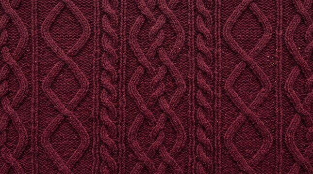 Knitted fabric photo background, dark red cable knit wool textile texture for winter clothing design