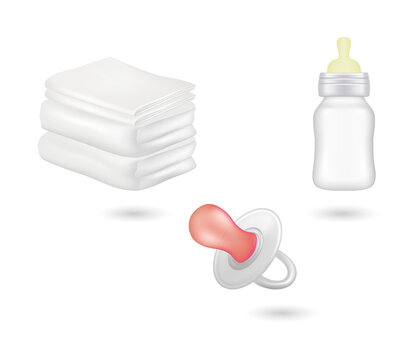 Baby essentials pacifier bottle and diapers transparent background