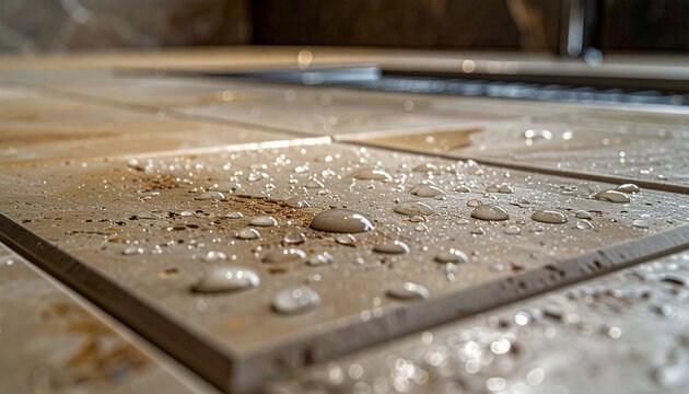Water Droplets on Tile: Close-up of water droplets and splashes on a tiled surface, showcasing texture and the wet environment.