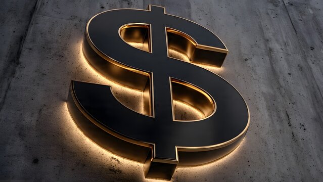 Sturdy three dimensional dollar sign crafted from matte black material with golden metallic trim resting against rough concrete wall surface featuring soft ambient backlighting and sharp edges.