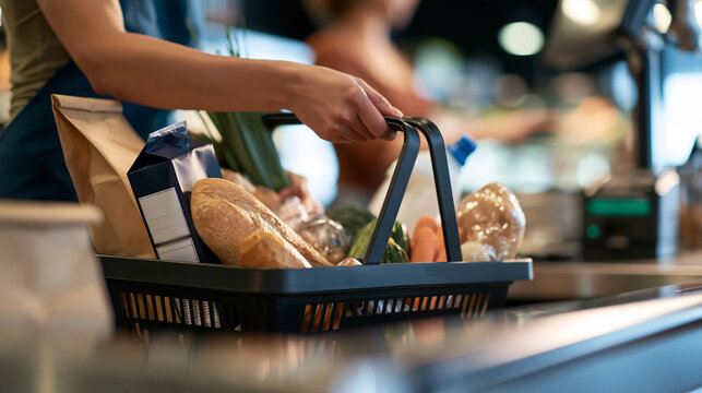 Faceless woman holding a black shopping basket filled with groceries at a supermarket checkout, everyday food shopping lifestyle concept, with copy space