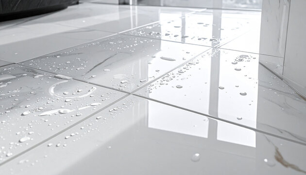 Water Spills on Tiled Floor: Water droplets and small puddles shimmer on a polished, tiled floor, reflecting light and creating a clean, minimalist aesthetic with a subtle sense of chaos.