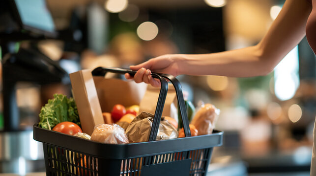 Faceless woman holding a black shopping basket filled with groceries at a supermarket checkout, everyday food shopping lifestyle concept, with copy space