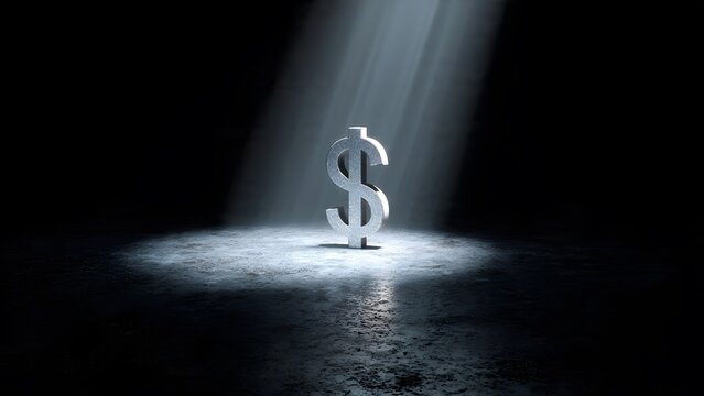 Spotlight illuminates single dollar sign on dark textured concrete floor symbolizing financial success investment and wealth growth isolated dramatic lighting.