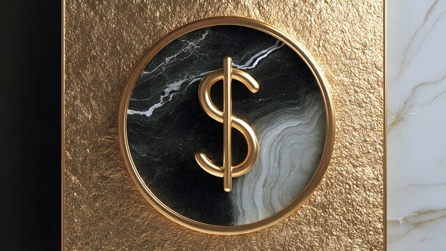Gleaming gold dollar sign within a circular frame on a textured gold background signifying wealth investment and financial value with a luxurious aesthetic.