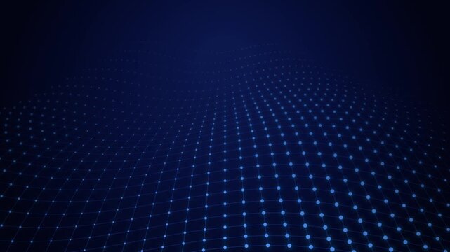 Dark Blue Futuristic Digital Data Wave Mesh Background with Glowing Dots and Moving Network Lines
