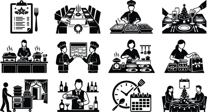 Christmas holiday catering and restaurant dining service black vector icon set featuring chefs buffet and banquet preparation
