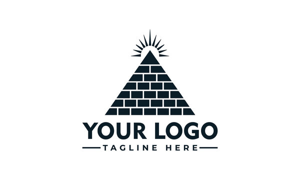 A powerful and geometric brick Pyramid Sun logo design, featuring a radiant starburst above, representing enlightenment, stability, and enduring success for branding